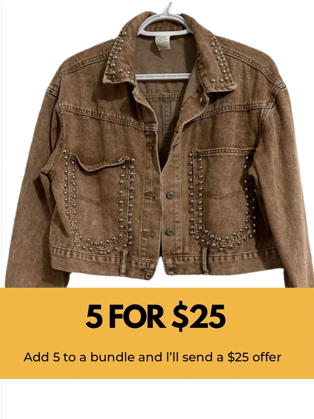 Studded Brown Cropped Denim Jacket - Women